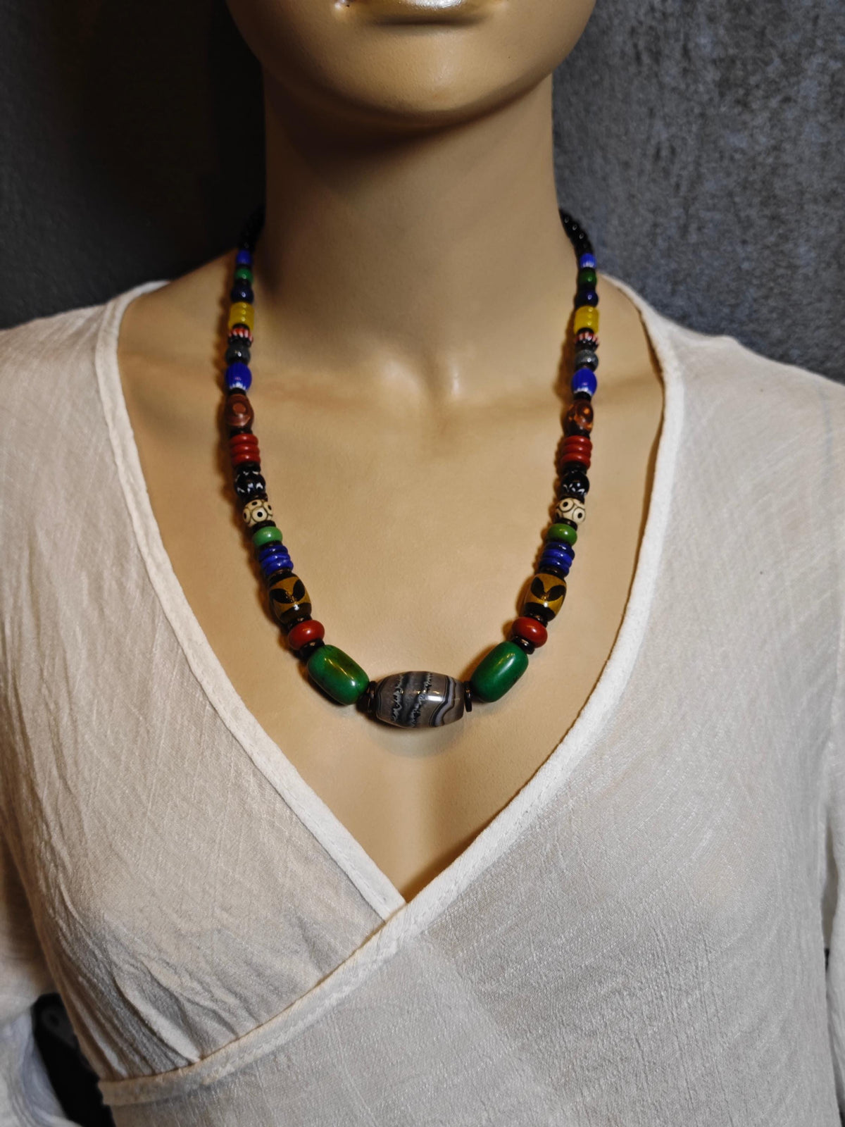 Handmade Multi Gemstone Necklace with Sardonyx, Turquoise & Mini Dzi Bead | Ethnic Bohemian Jewelry