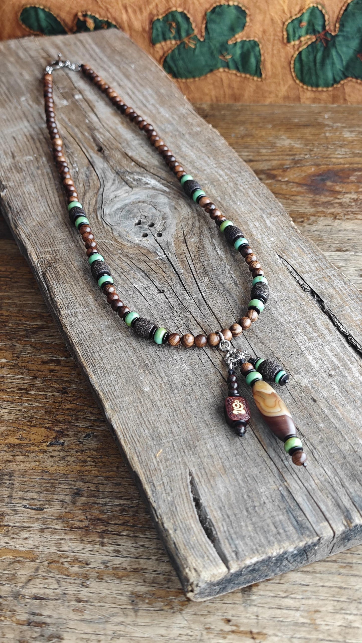 Vintage Tibetan Banded Agate Dzi Necklace, Hardwood Turquoise Mala Statement, Tribal Boho Amulet