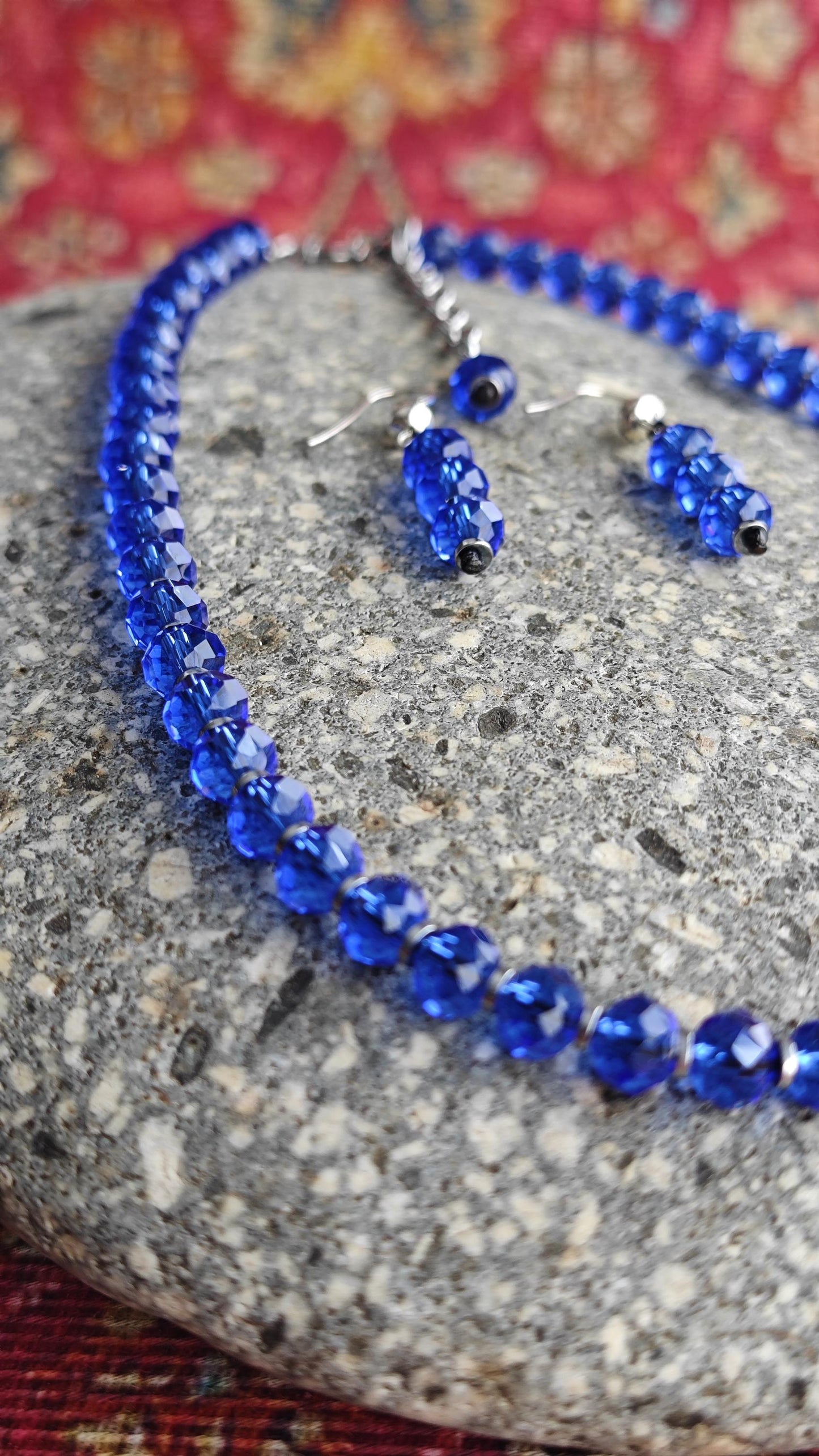 Cobalt Royal Blue Liuli Beaded Necklace Earring Set, Hematite Spacer, 925 Sterling Silver Hook, Handmade Glass Jewelry Set, 42-50cm