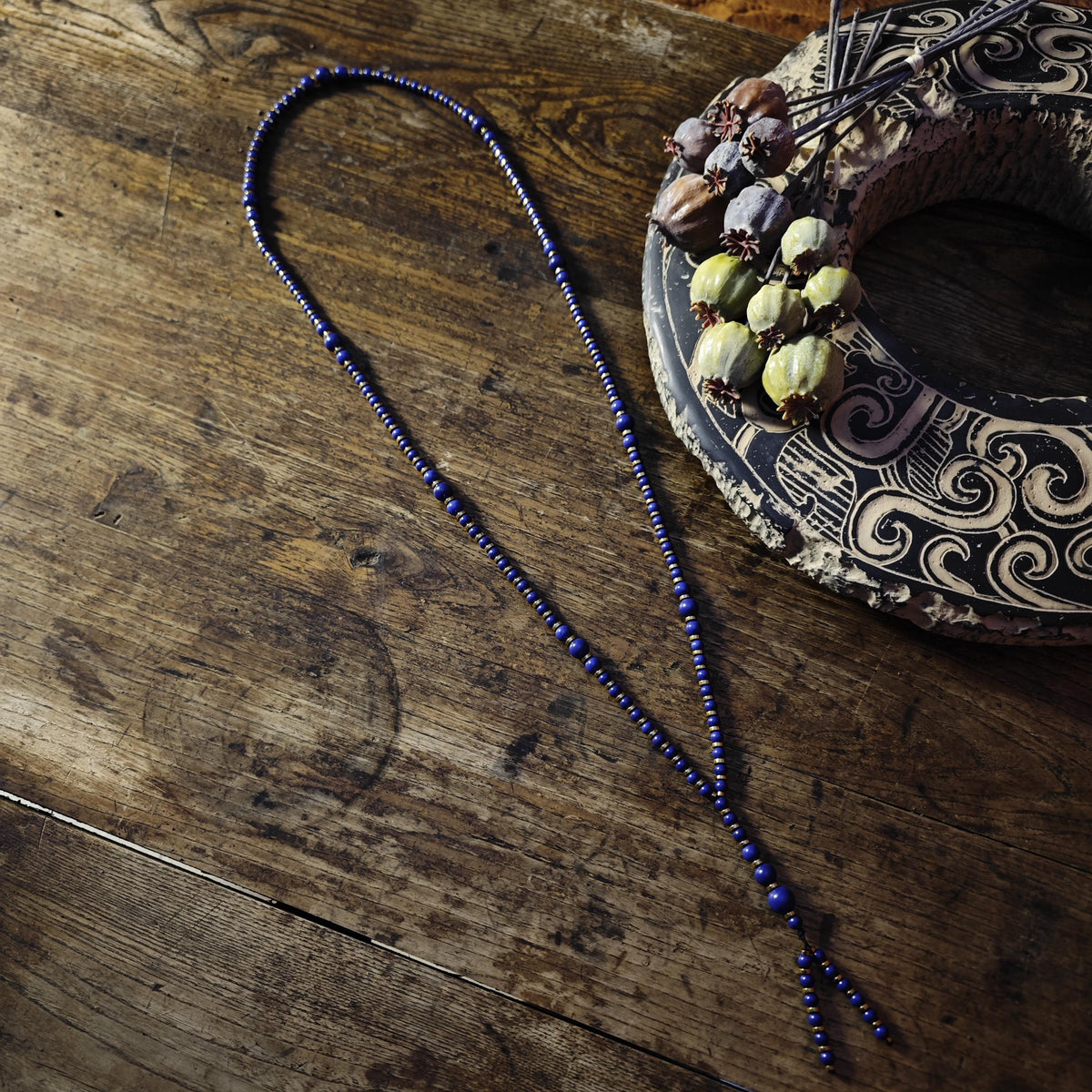 Handmade Long Lapis Lazuli Necklace with Hematite, Spiritual Ethnic Bohemian Jewelry