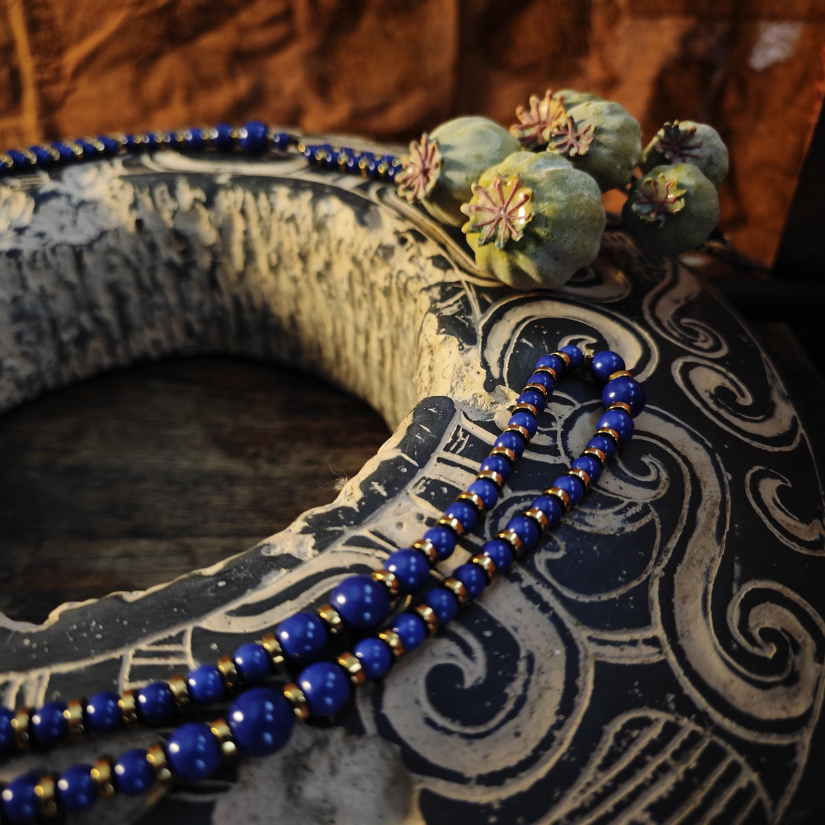 Handmade Long Lapis Lazuli Necklace with Hematite, Spiritual Ethnic Bohemian Jewelry