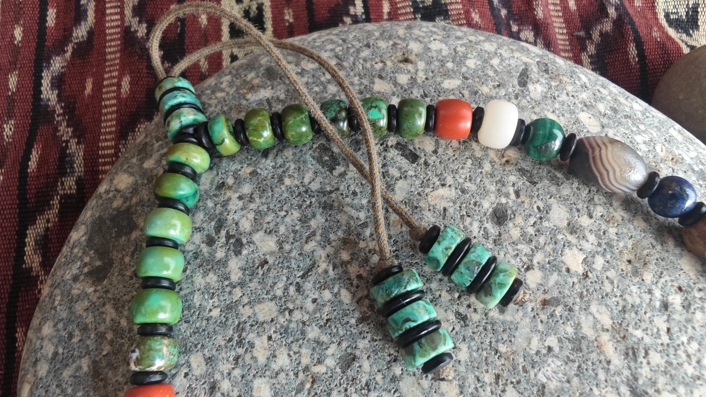 Vintage Tibetan Dzi Bead Multi Gemstone Necklace, Natural Turquoise Agate Rudraksha Mala, Ethnic Tribal Amulet Jewelry, Adjustable 47-62cm