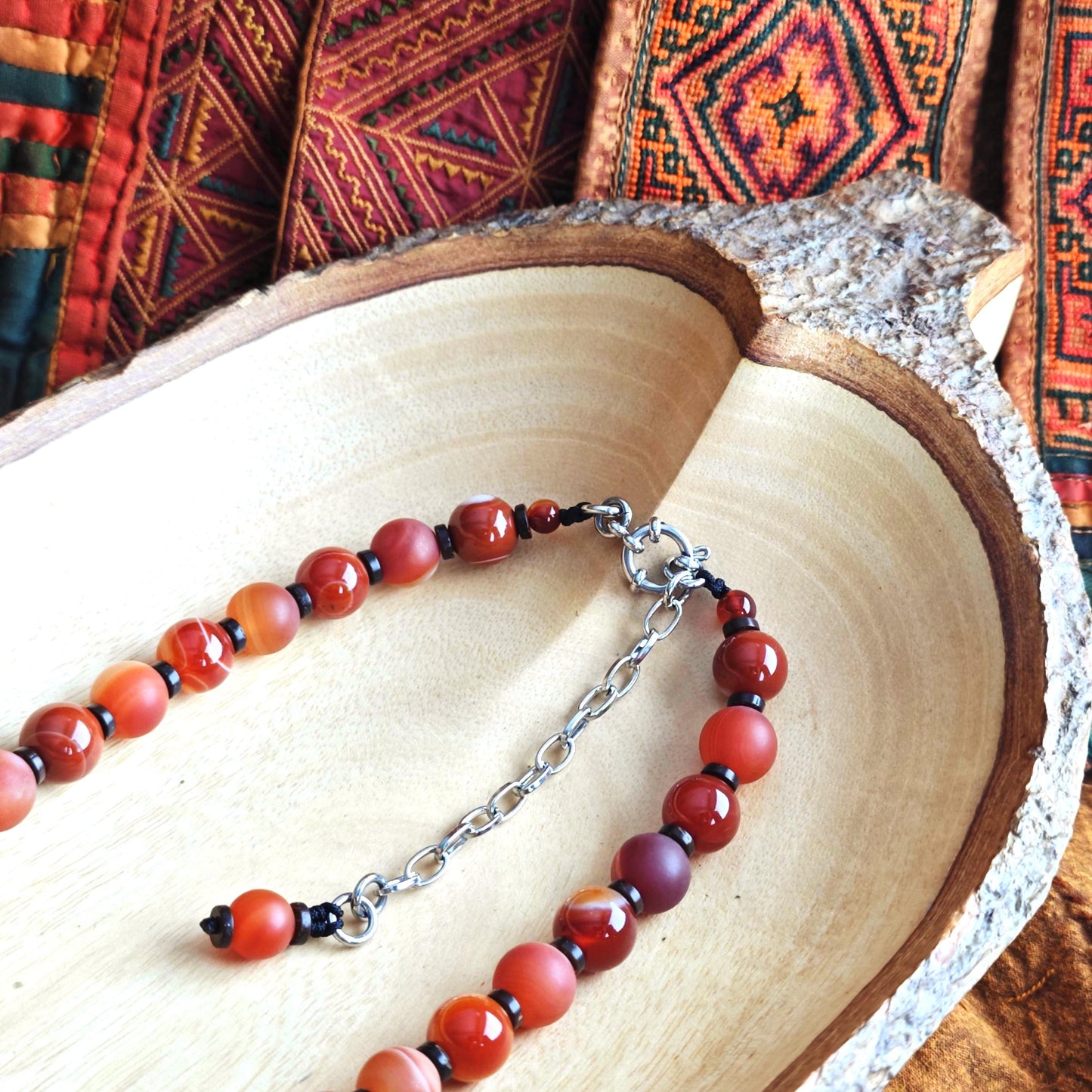 Banded Agate Beaded Necklace, Red Brown Matte & Glossy Gemstone Choker, Earthy Boho Jewelry, Coconut Shell Spacers, Unisex Adjustable 47cm