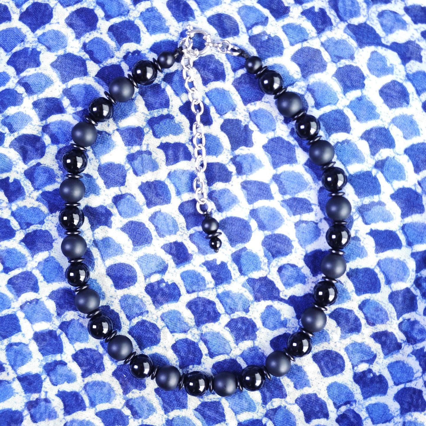 Matte Glossy Black Onyx Necklace, Agate Beaded Choker, Coconut Shell Spacer, Stainless Steel Chain, Goth Minimalist Unisex Jewelry 43cm