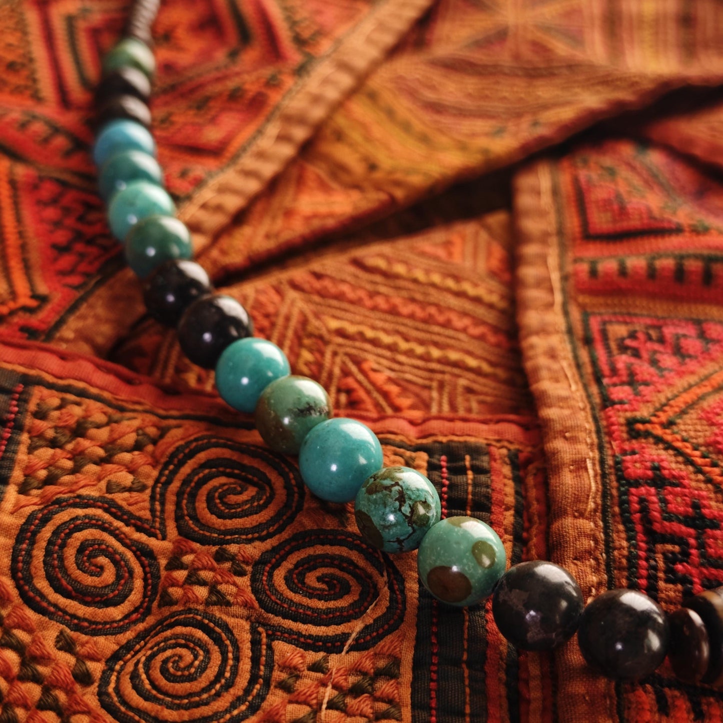 Handmade Vintage Dzi Bead Necklace with Turquoise & Coconut | Ethnic Spiritual Jewelry