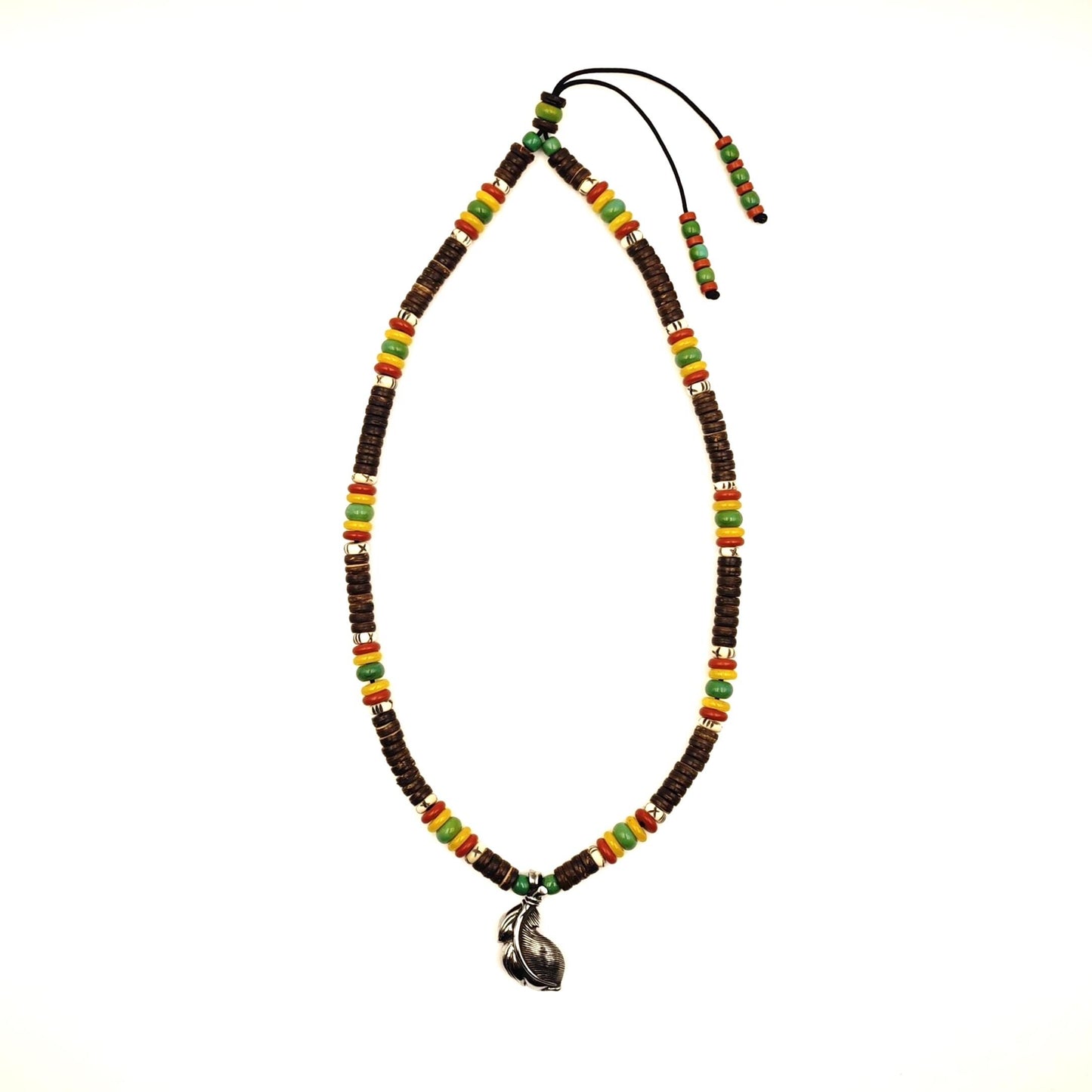 Boho Feather Pendant Beaded Necklace, Turquoise Yellow Jade Red Agate Choker, Yak Bone Tribal Surfer Jewelry, Unisex Gemstone Necklace 58cm