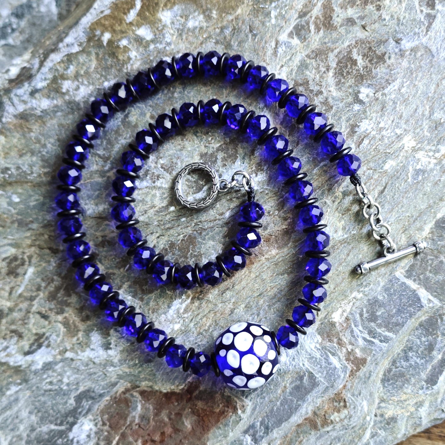 Handmade Chinese Liuli Bead Necklace with Blue Crystal & Coconut Spacers | Ethnic Bohemian Long Necklace
