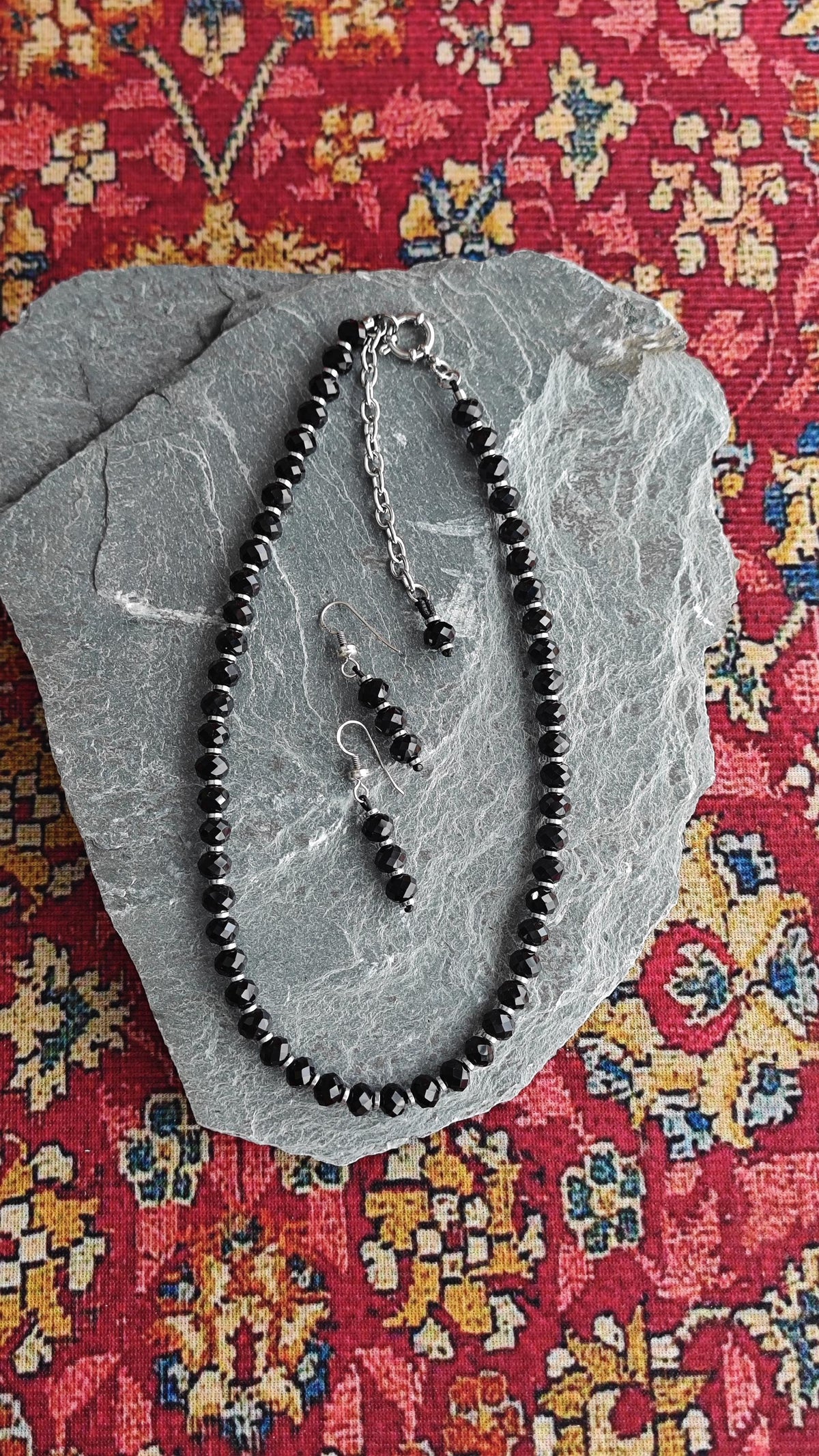 Jet Black Liuli Beaded Necklace Earring Set, Hematite Spacer, 925 Sterling Silver Hook, Gothic Elegant Glass Jewelry Set, 42-50cm