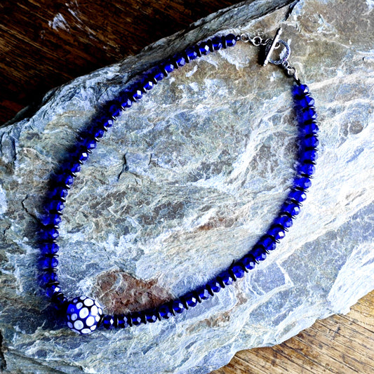 Handmade Chinese Liuli Bead Necklace with Blue Crystal & Coconut Spacers | Ethnic Bohemian Long Necklace