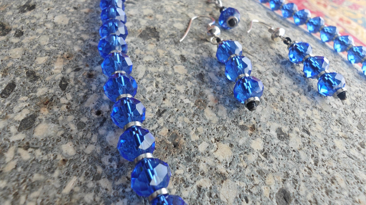 Cobalt Royal Blue Liuli Beaded Necklace Earring Set, Hematite Spacer, 925 Sterling Silver Hook, Handmade Glass Jewelry Set, 42-50cm