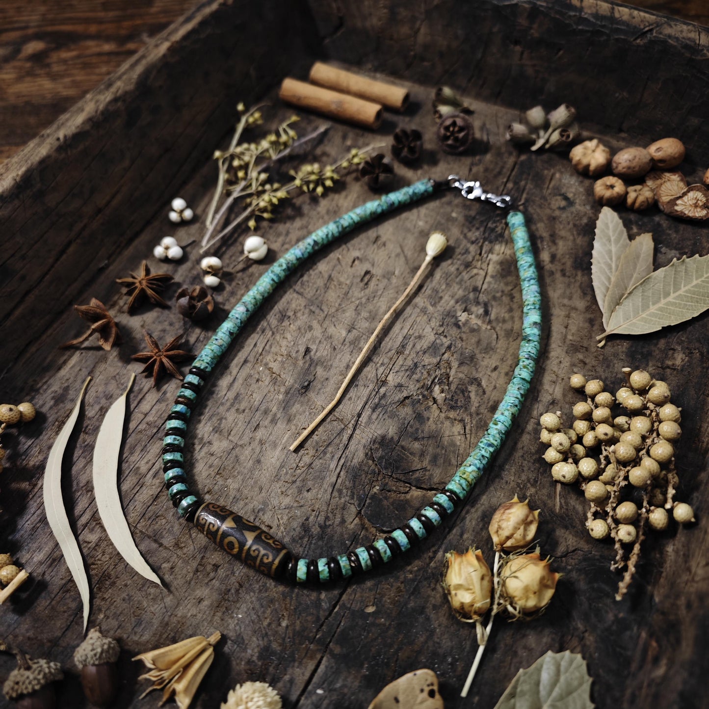Handmade Vintage Dzi Bead Necklace with Turquoise & Coconut | Ethnic Spiritual Jewelry