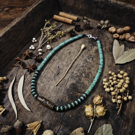 Handmade Vintage Dzi Bead Necklace with Turquoise & Coconut | Ethnic Spiritual Jewelry
