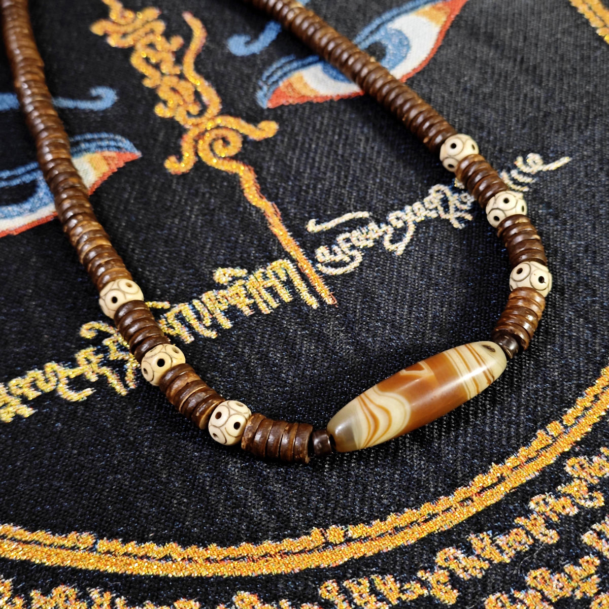 Tibetan Sardonyx Agate Dzi Bead Necklace, Yak Bone, Coconut Shell, Bohemian Spiritual Jewelry