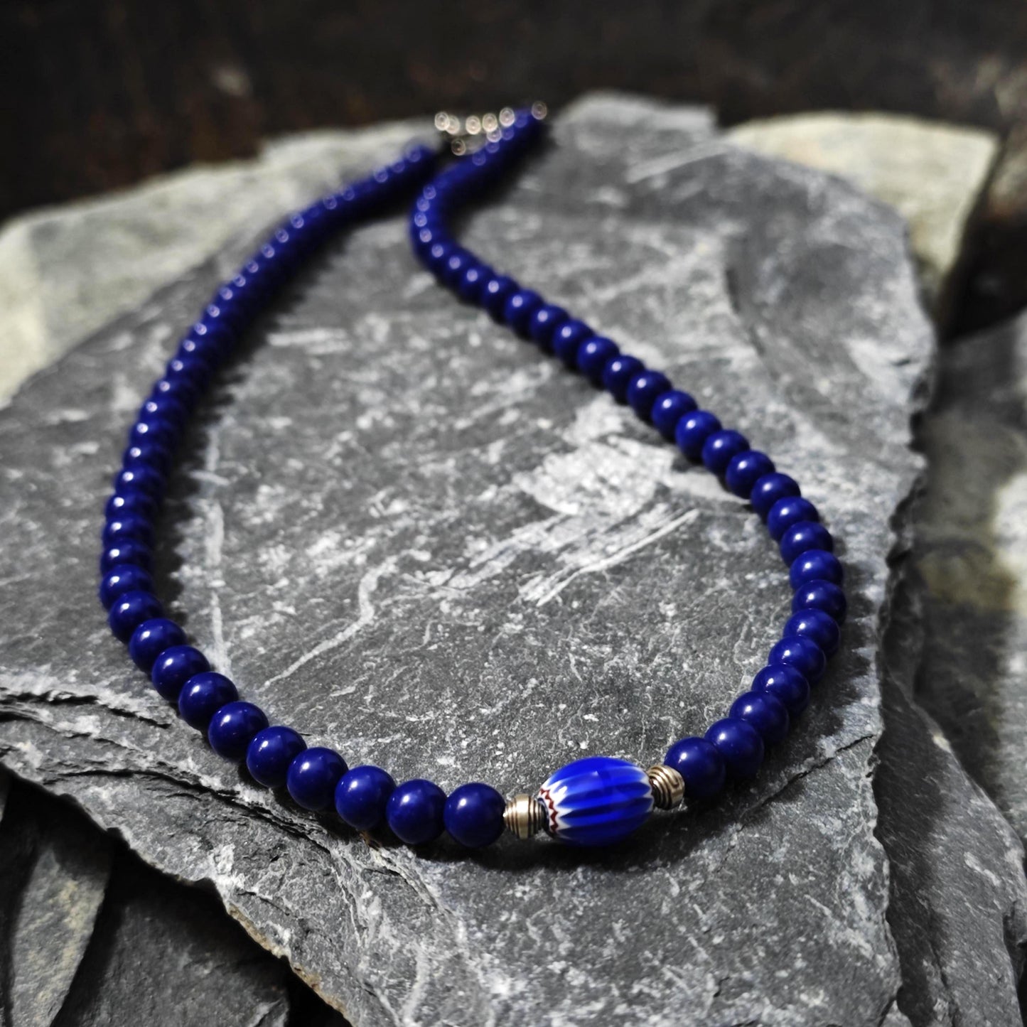Lapis Lazuli Beaded Necklace, African Trade Bead Focal, Silver Accent Choker
