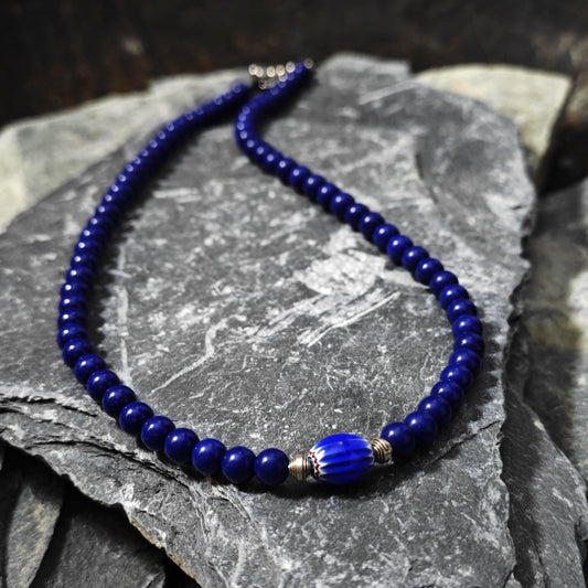 Lapis Lazuli Beaded Necklace, African Trade Bead Focal, Silver Accent Choker