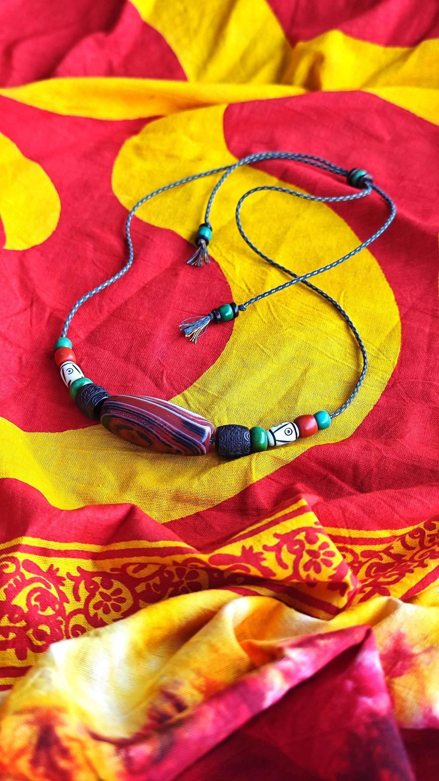 Tibetan Banded Dzi Bead Necklace, Hand Carved Yak Bone & Hardwood, Turquoise Tribal Amulet, Boho Adjustable Cord Choker for Men Women
