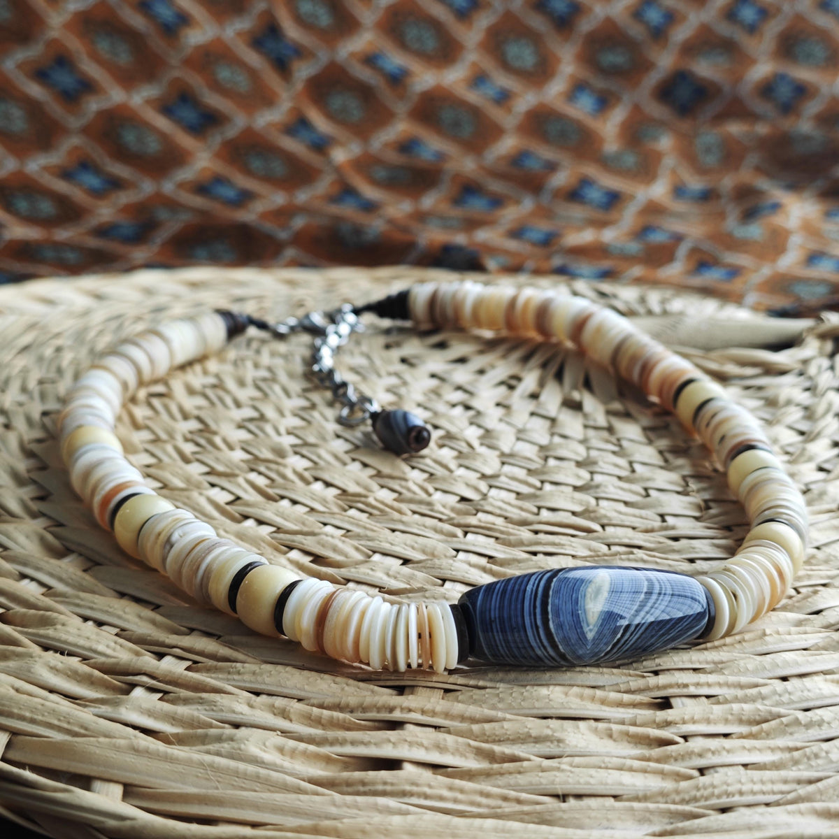 Banded Agate Statement Necklace, Natural Yak Bone Choker, Coconut Disc Beaded Chain, Tribal Boho Amulet, Adjustable Men Women Gift 52-64cm