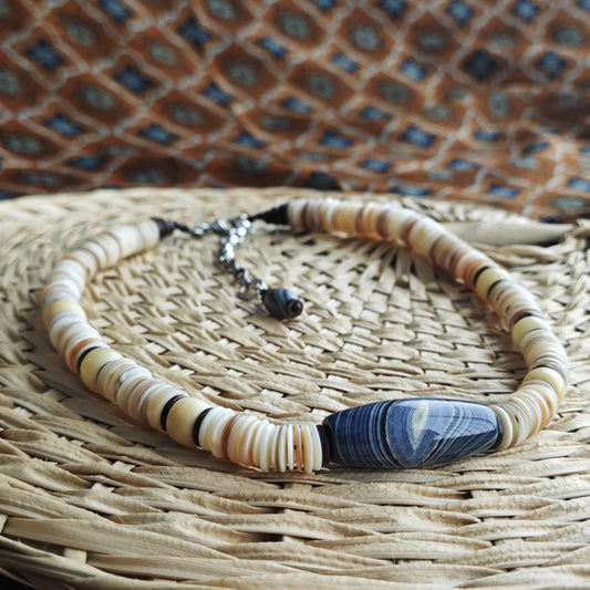 Banded Agate Statement Necklace, Natural Yak Bone Choker, Coconut Disc Beaded Chain, Tribal Boho Amulet, Adjustable Men Women Gift 52-64cm