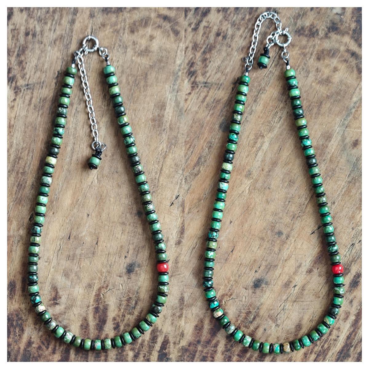 Turquoise Disc Beaded Necklace, Red Agate Accent, Coconut Shell Choker, Unisex Surfer Jewelry (50-58cm)