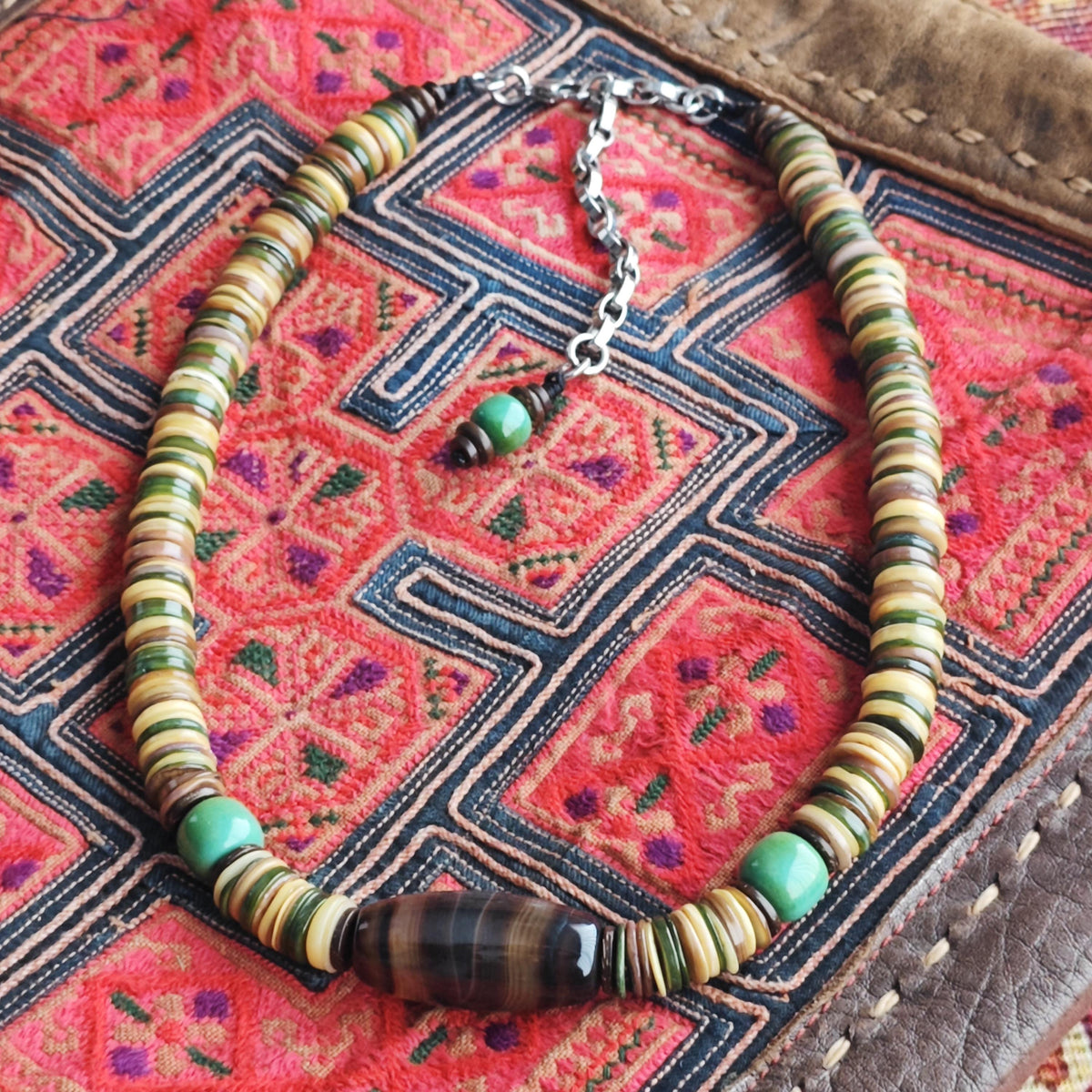 Sardonyx Agate & Turquoise Beaded Necklace, Coconut Shell Heishi Choker, Earthy Tribal Surfer Jewelry, Men's Gemstone Necklace 48cm