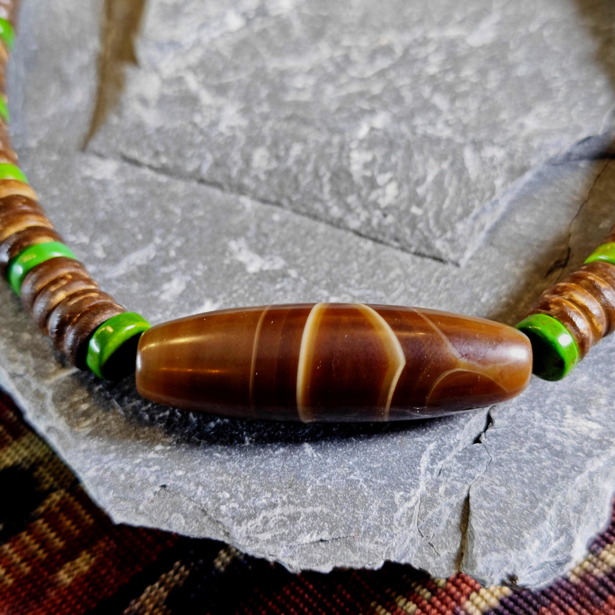 Tibetan Dzi Bead Necklace, Sardonyx Agate, Turquoise, Coconut Shell, Bohemian Jewelry