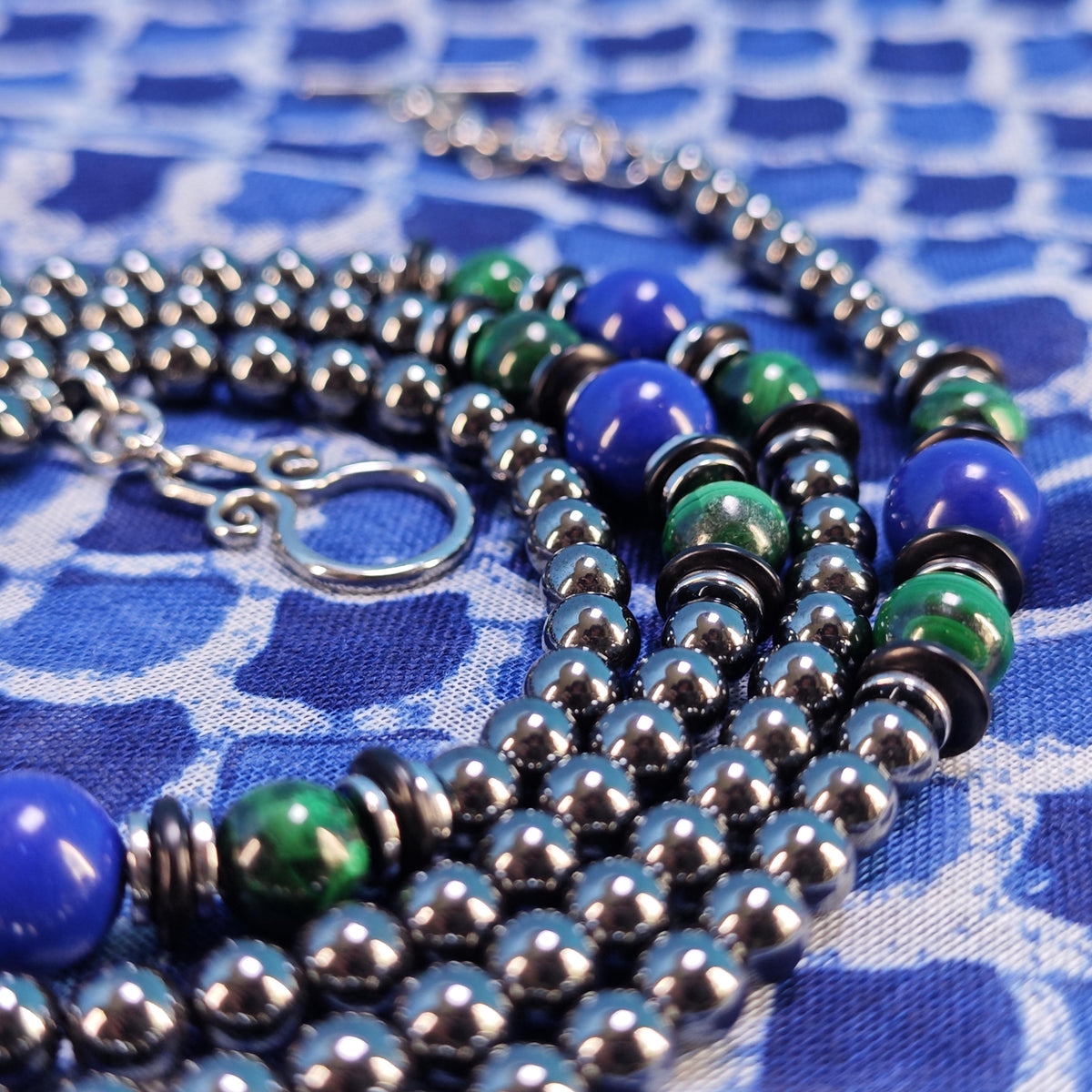 Malachite Lapis Lazuli Hematite Beaded Necklace, Ethnic Boho Double Layer Jewelry