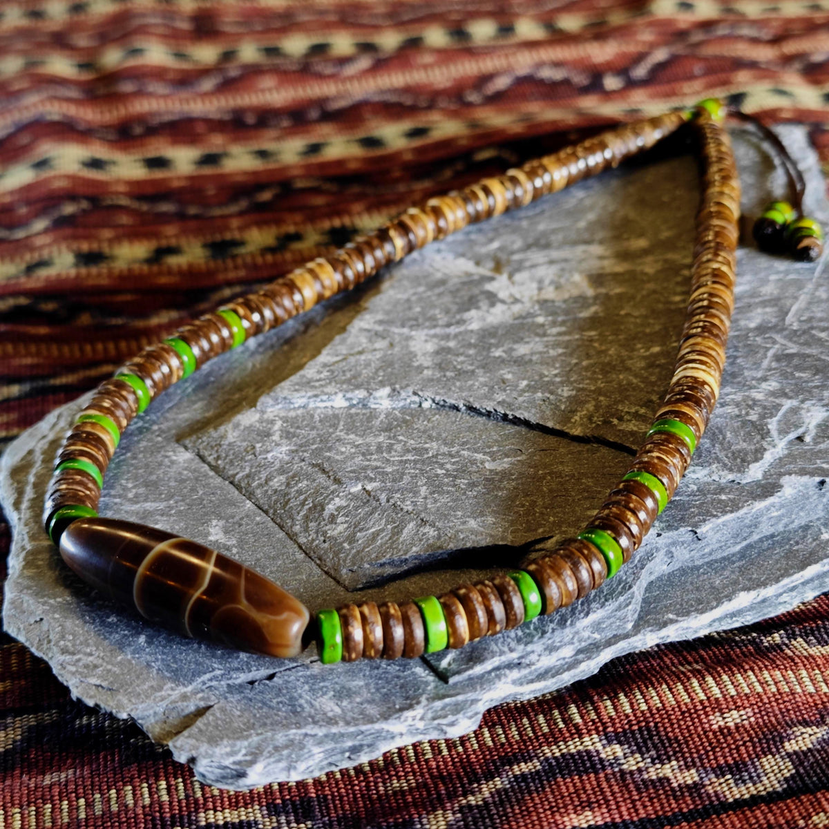 Tibetan Dzi Bead Necklace, Sardonyx Agate, Turquoise, Coconut Shell, Bohemian Jewelry