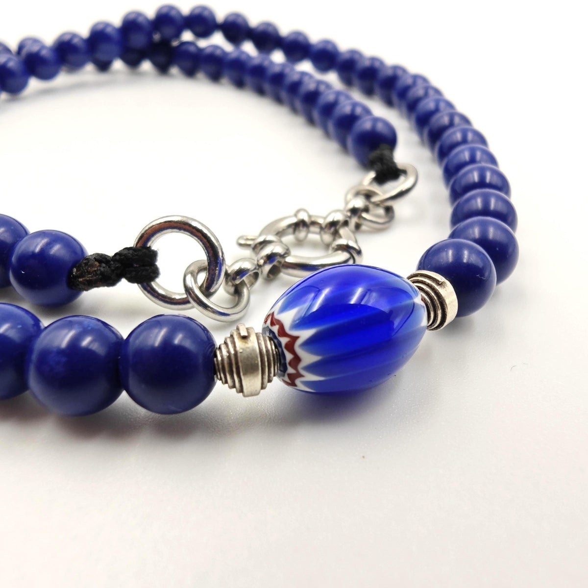 Lapis Lazuli Beaded Necklace, African Trade Bead Focal, Silver Accent Choker