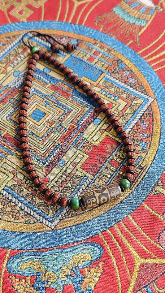 Vintage Tibetan Dzi Bead Mala Necklace, Green Turquoise Amulet, Sacred Protection Choker