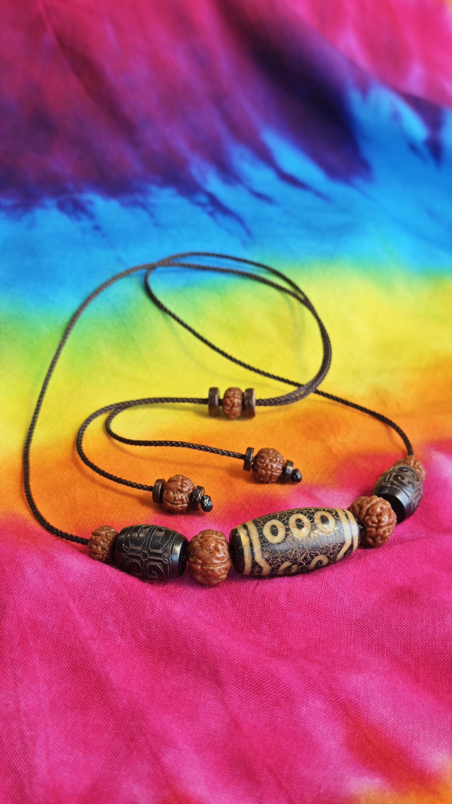 Vintage Tibetan Dzi Bead Necklace, Hand Carved Hardwood Choker, Rudraksha Mala Jewelry (40-65cm)