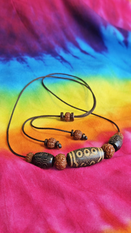 Vintage Tibetan Dzi Bead Necklace, Hand Carved Hardwood Choker, Rudraksha Mala Jewelry (40-65cm)