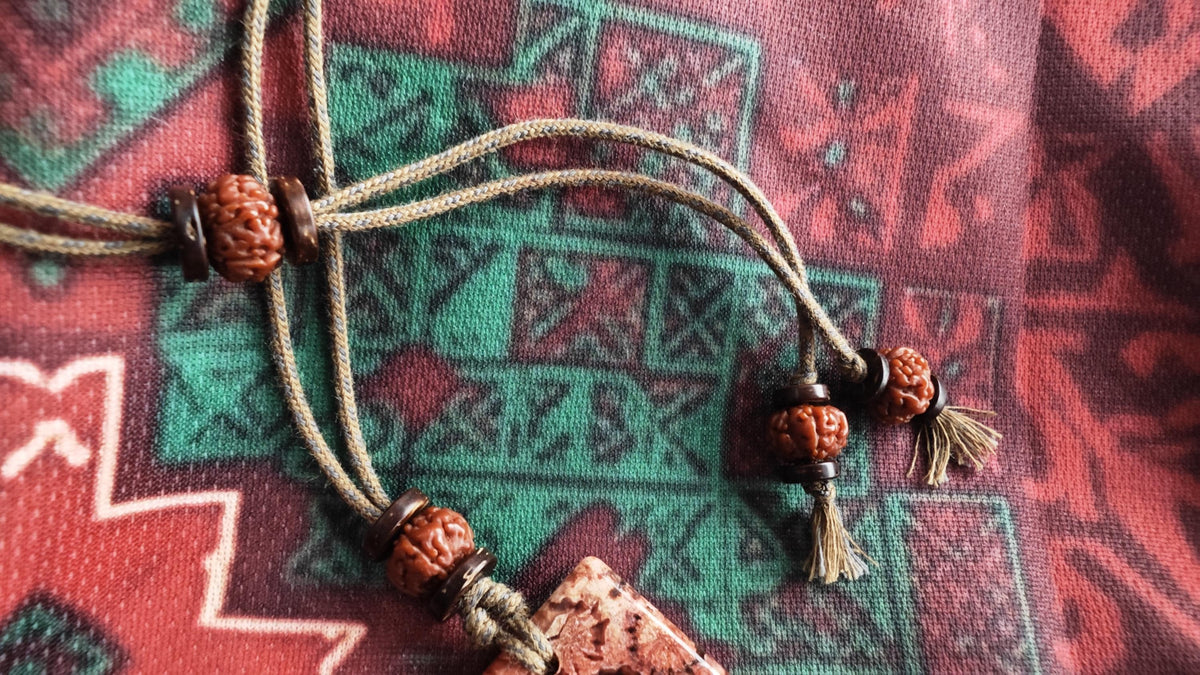 Coral Fossil Pendant Necklace, Rudraksha Mala, Coconut Disc, Tribal Choker (Adjustable 40-60cm)