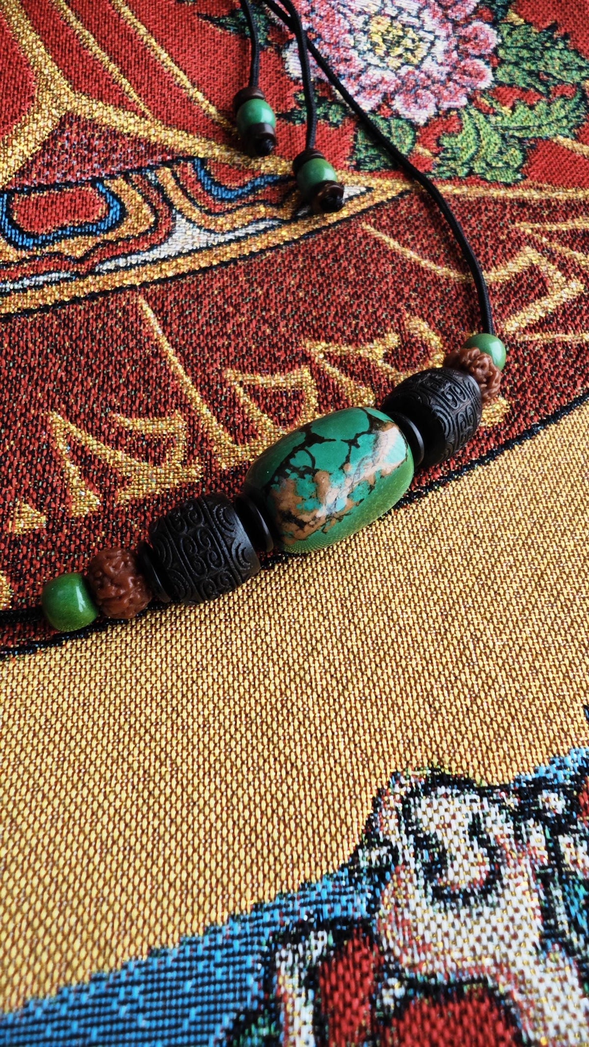 Genuine Turquoise Barrel Necklace, Hand Carved Hardwood Choker, Rudraksha Mala Beads, Tribal Boho Amulet 40-65cm