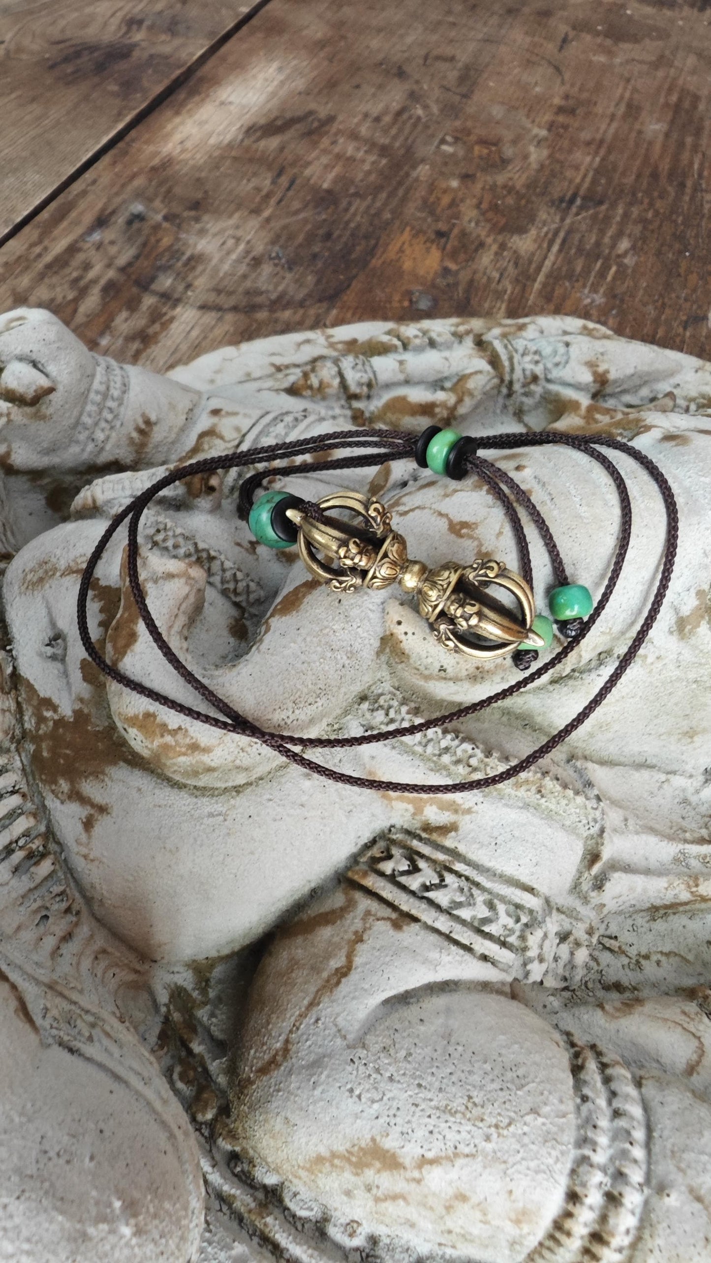 Brass Dorje Vajra Pendant Necklace, Turquoise Gemstone Choker, Tibetan Protection Amulet, Spiritual Yoga Gift, Adjustable Cord 40-76cm