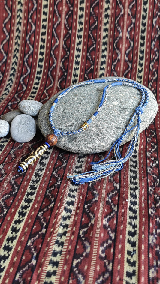 Vintage Tibetan Dzi Bead Necklace, Hand Carved Om Mani Padme Hum Hardwood, Lapis Lazuli, Tibetan Braided Cord, Long Statement Amulet 70cm