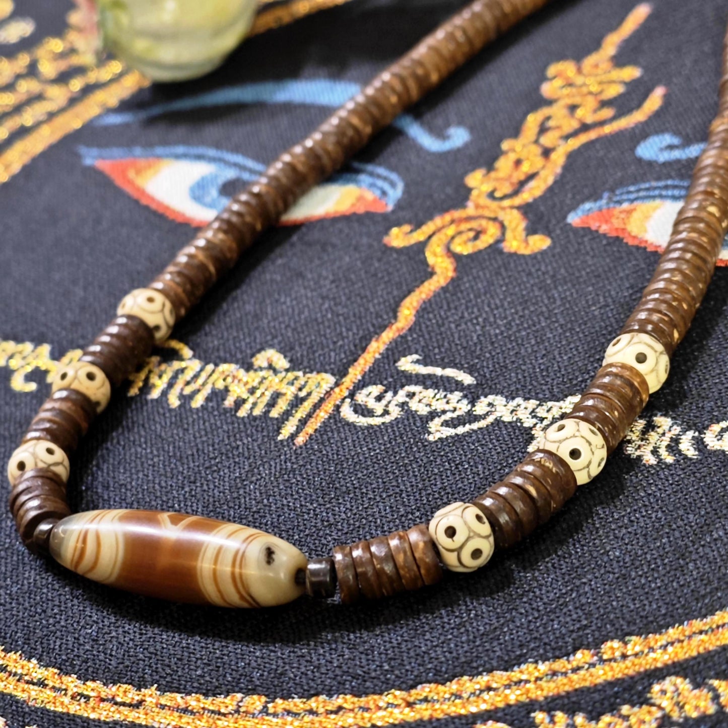 Tibetan Sardonyx Agate Dzi Bead Necklace, Yak Bone, Coconut Shell, Bohemian Spiritual Jewelry