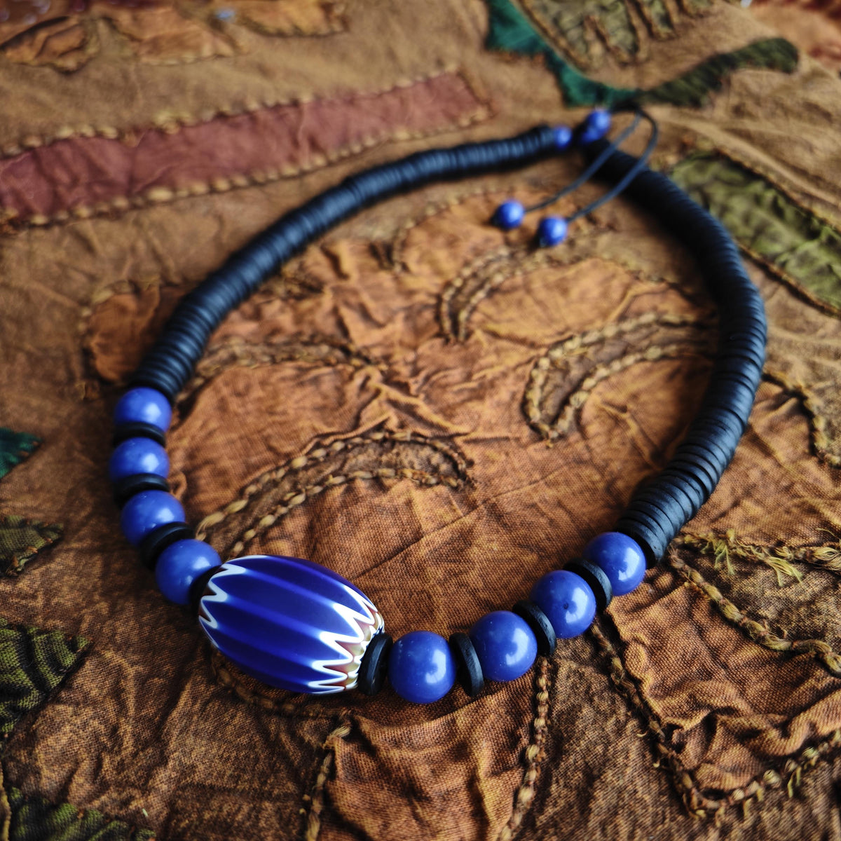 Large African Trade Bead Necklace with Lapis Lazuli & Coconut, Ethnic Tribal Bohemian Jewelry