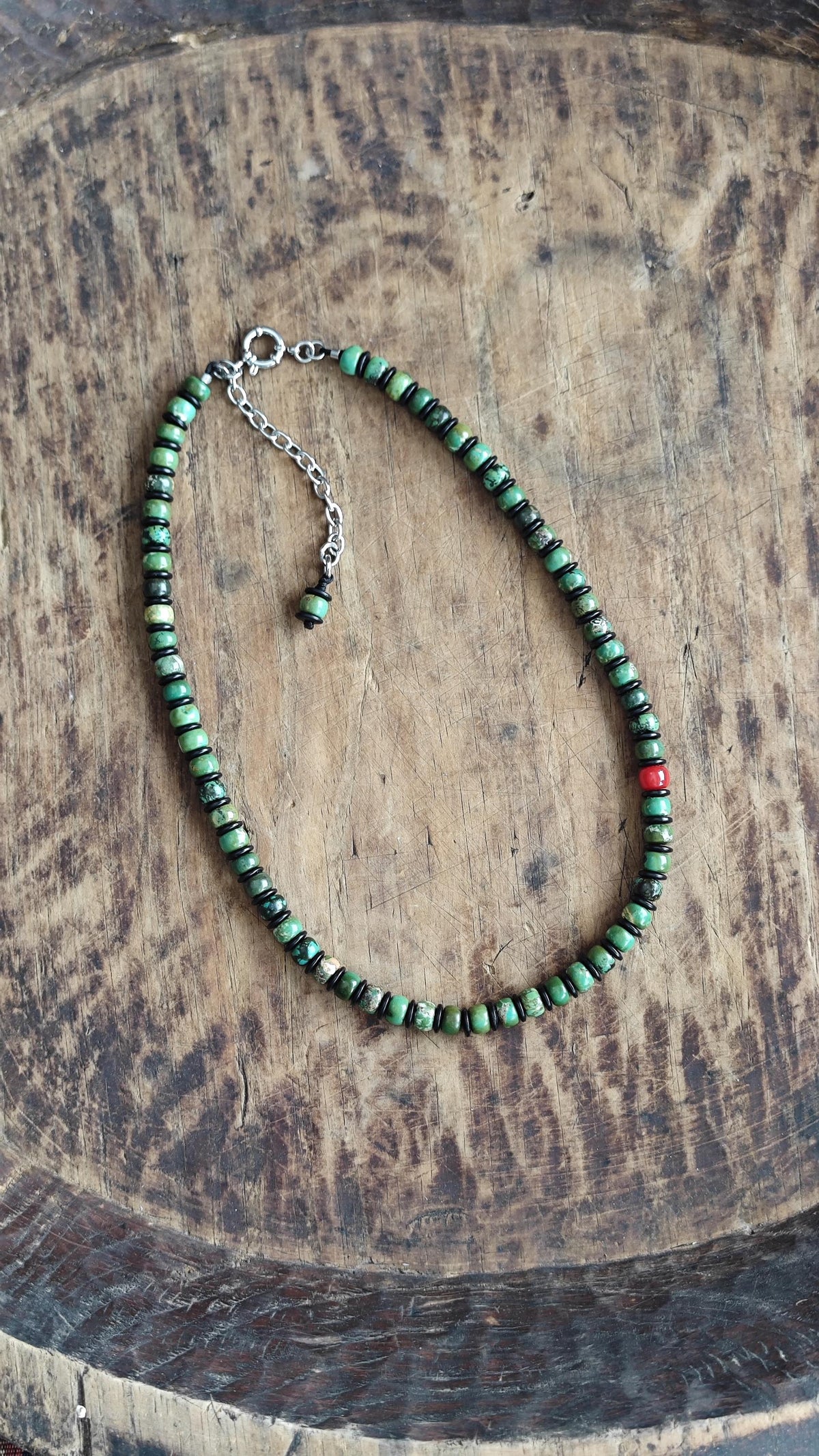 Turquoise Disc Beaded Necklace, Red Agate Accent, Coconut Shell Choker, Unisex Surfer Jewelry (50-58cm)