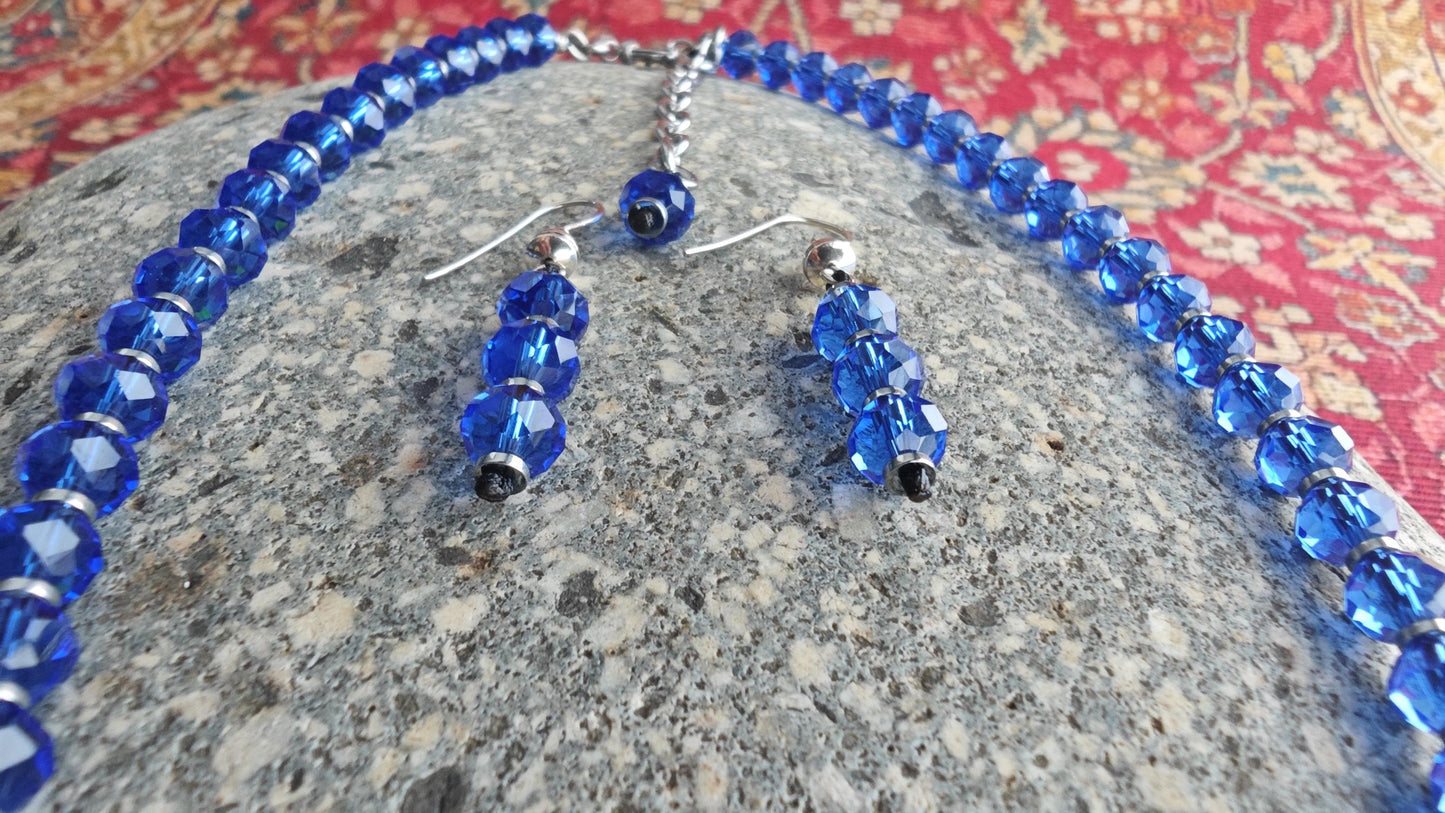 Cobalt Royal Blue Liuli Beaded Necklace Earring Set, Hematite Spacer, 925 Sterling Silver Hook, Handmade Glass Jewelry Set, 42-50cm