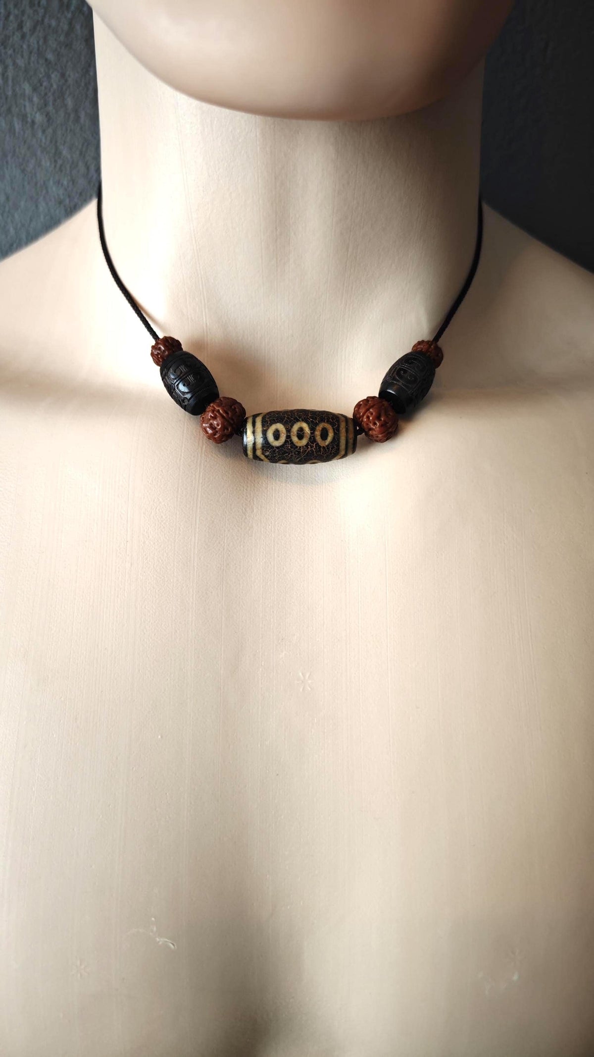 Vintage Tibetan Dzi Bead Necklace, Hand Carved Hardwood Choker, Rudraksha Mala Jewelry (40-65cm)