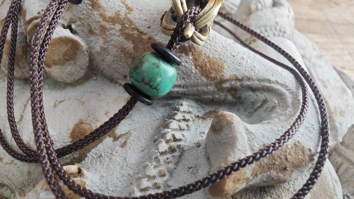 Brass Dorje Vajra Pendant Necklace, Turquoise Gemstone Choker, Tibetan Protection Amulet, Spiritual Yoga Gift, Adjustable Cord 40-76cm