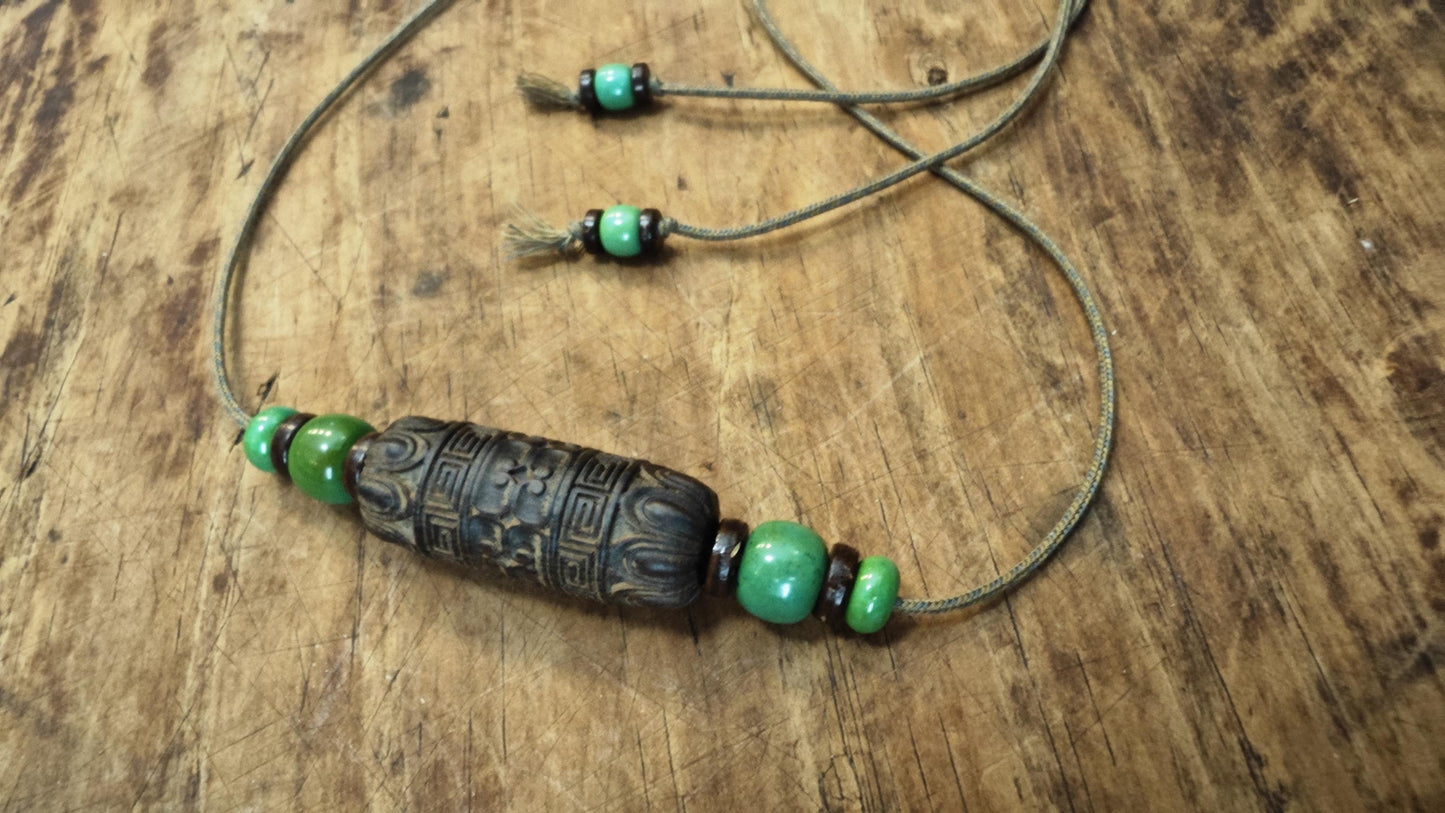 Hand Carved Hardwood Necklace, Large Carved Wood Bead Choker, Turquoise Tribal Boho Amulet, Adjustable Cord Pendant 40-70cm