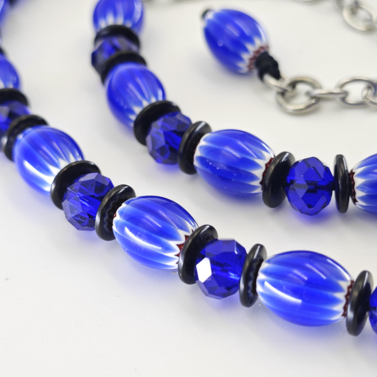 Handmade African Trade Beads Necklace, Blue Liuli, Coconut Spacers, Adjustable Ethnic Boho Jewelry
