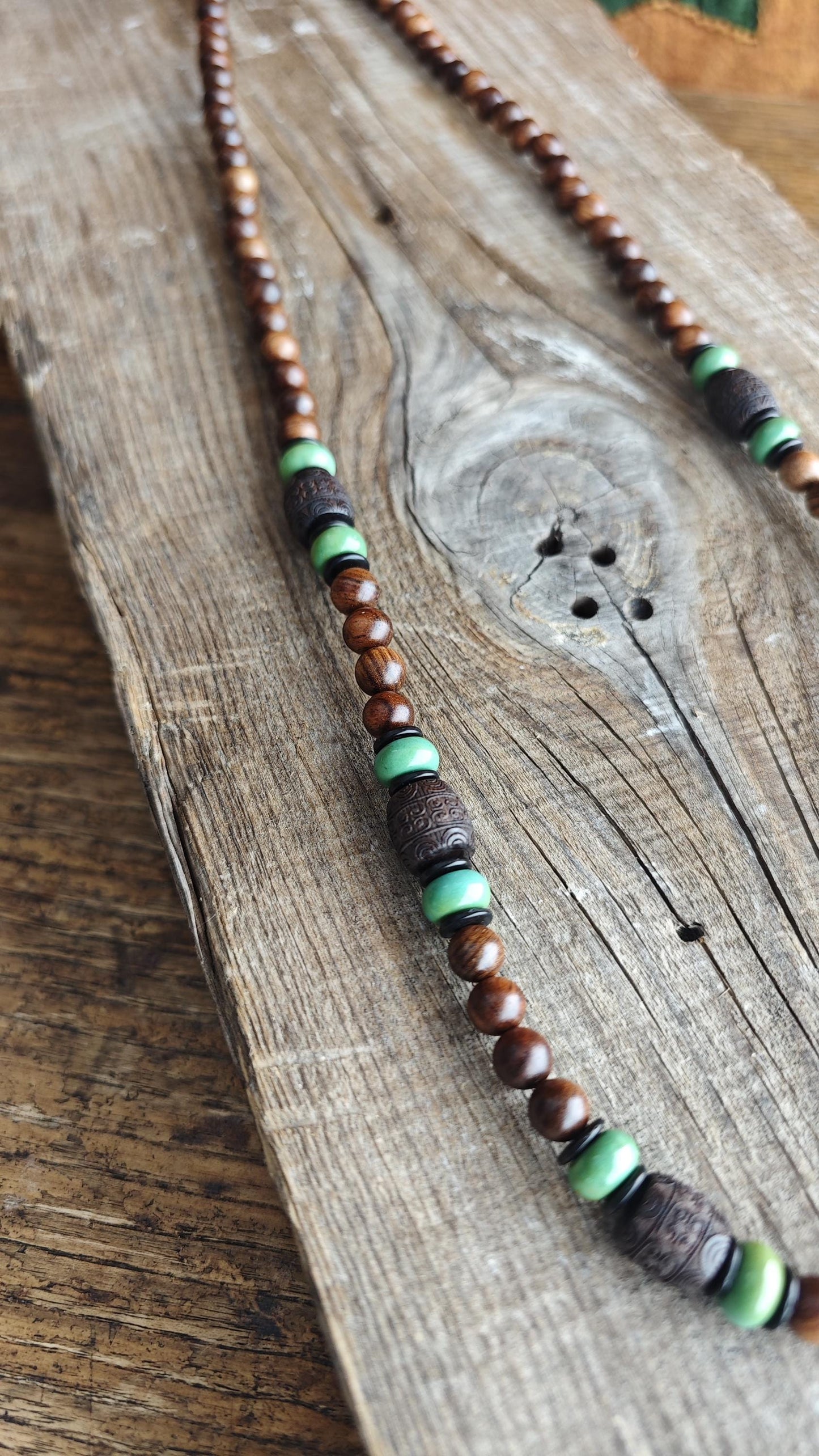 Vintage Tibetan Banded Agate Dzi Necklace, Hardwood Turquoise Mala Statement, Tribal Boho Amulet