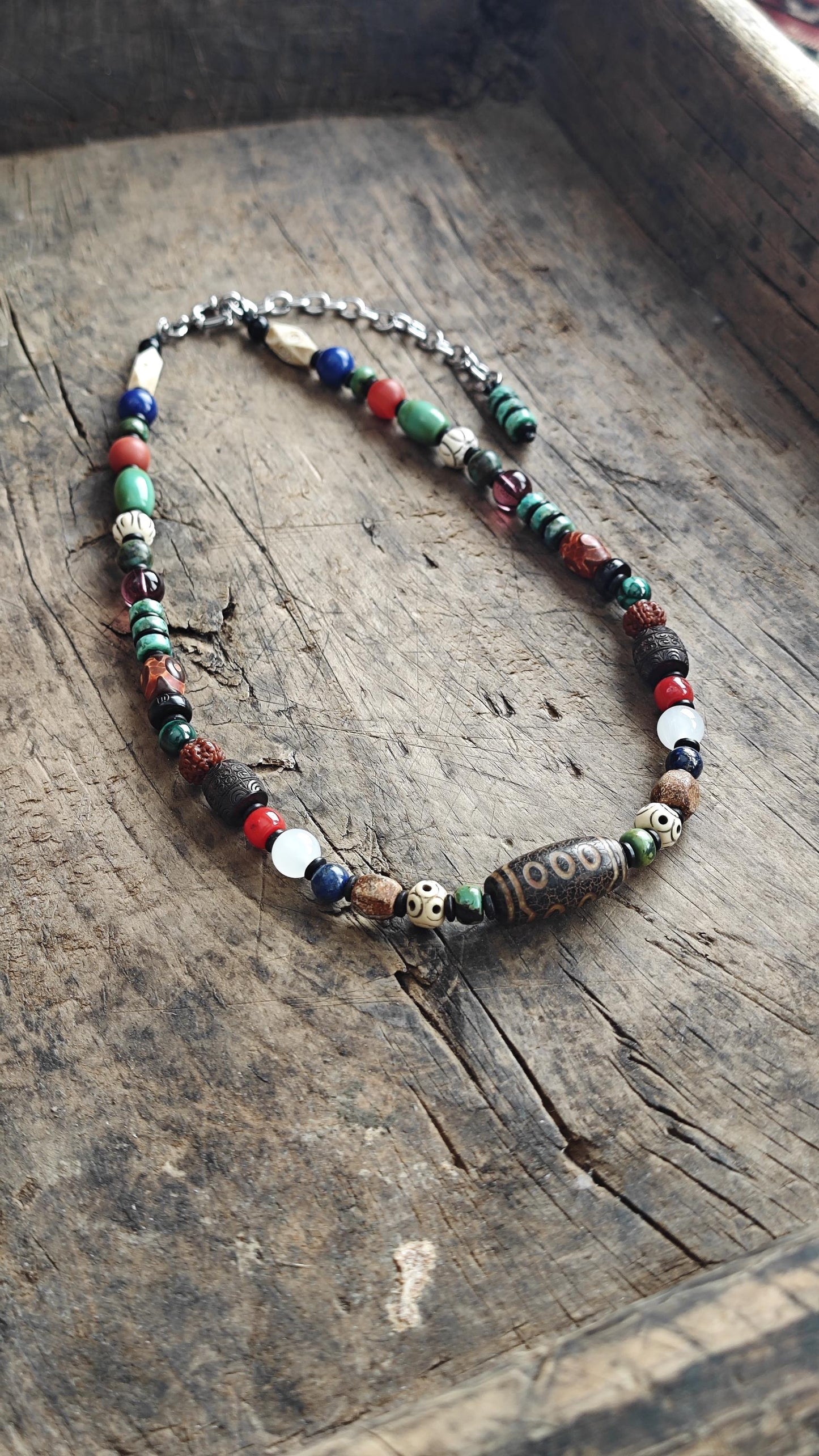 Vintage 3-Eye Dzi Bead Multi Gemstone Necklace, Turquoise Lapis Lazuli Mala, Boho Yoga Amulet