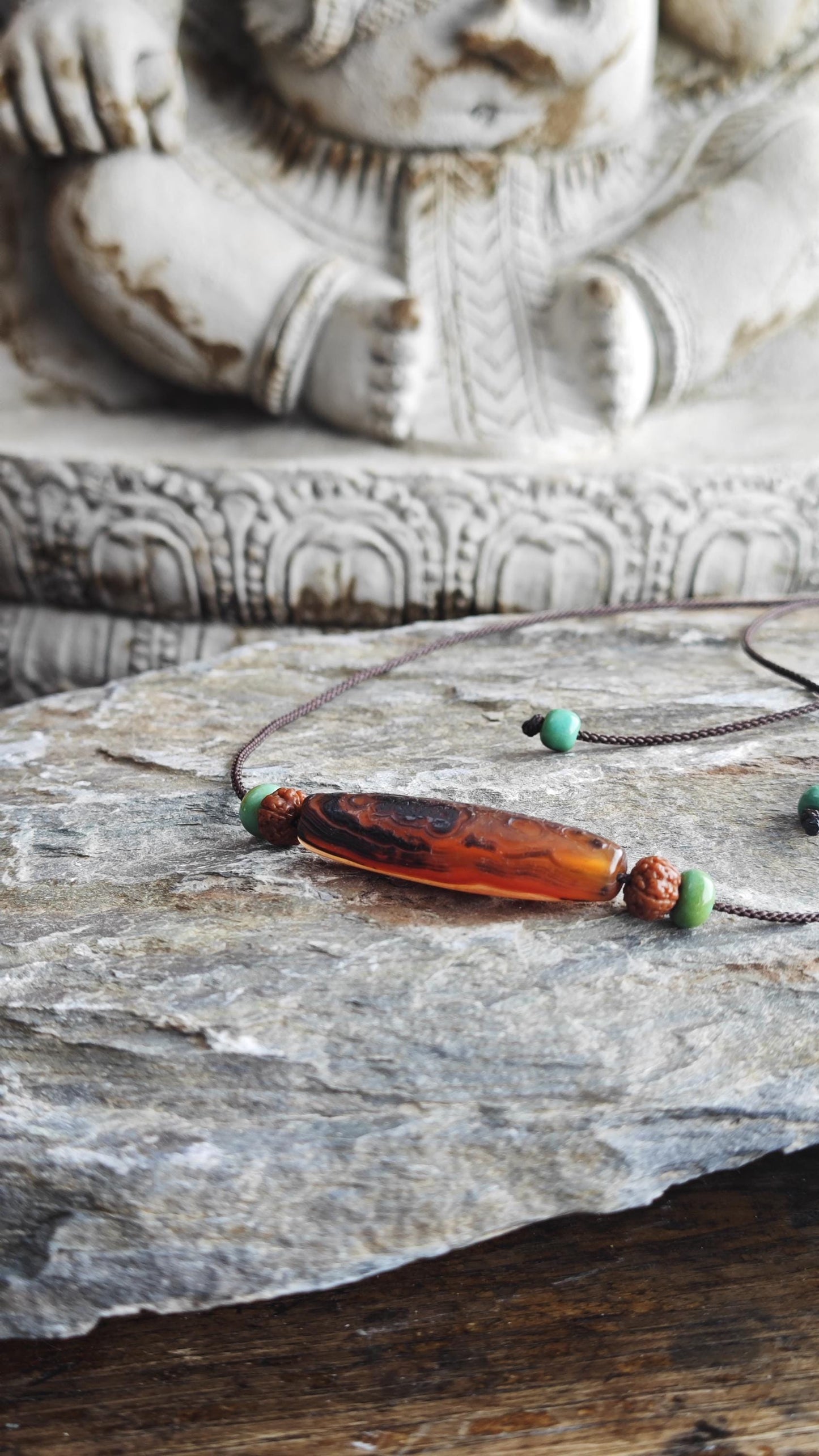 Tibetan Banded Agate Dzi Bead Necklace, Turquoise Rudraksha Mala Choker, Zen Tribal Boho Amulet, Adjustable Cord Pendant 40-70cm