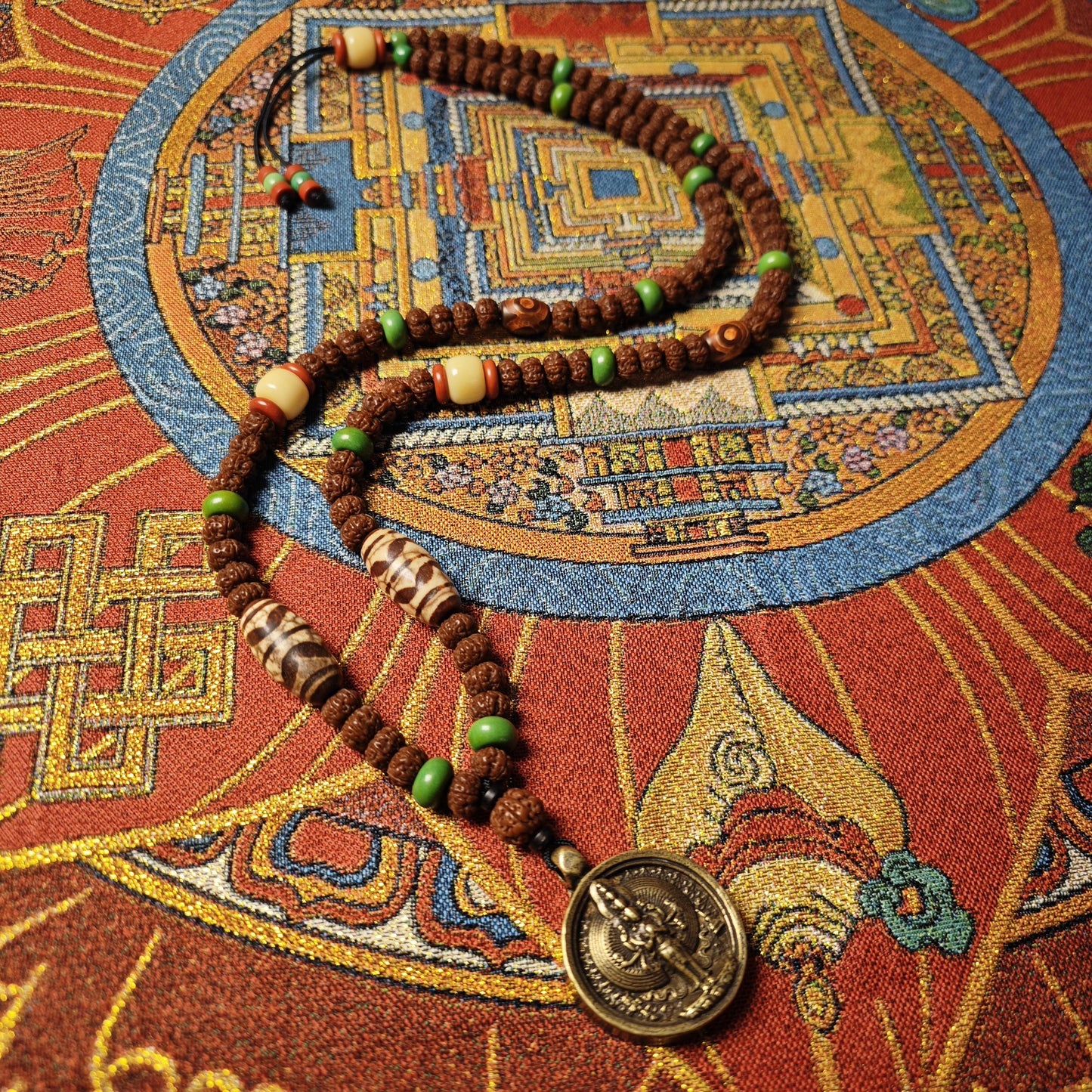 Vintage Tibetan Dzi Bead Necklace, Brass Amulet Pendant, Long Tribal Mala 80cm, Yak Bone & Turquoise Boho Jewelry, Spiritual Yoga Gift