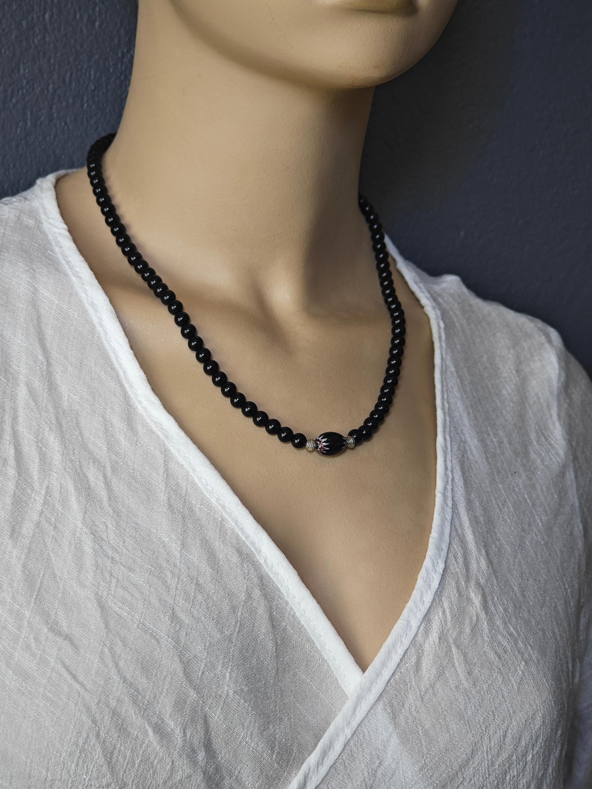 Black Onyx African Trade Bead Necklace, 925 Silver, Ethnic Tribal Boho Statement