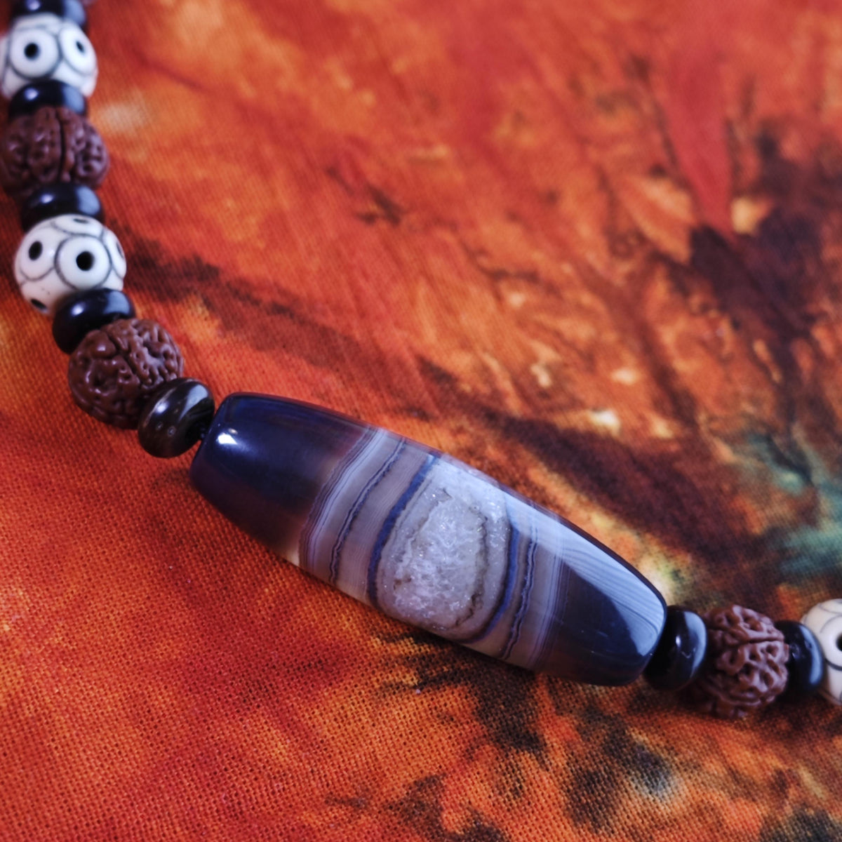 Handmade Sardonyx Agate Necklace with Rudraksha & Yak Bone, Ethnic Spiritual Boho Jewelry