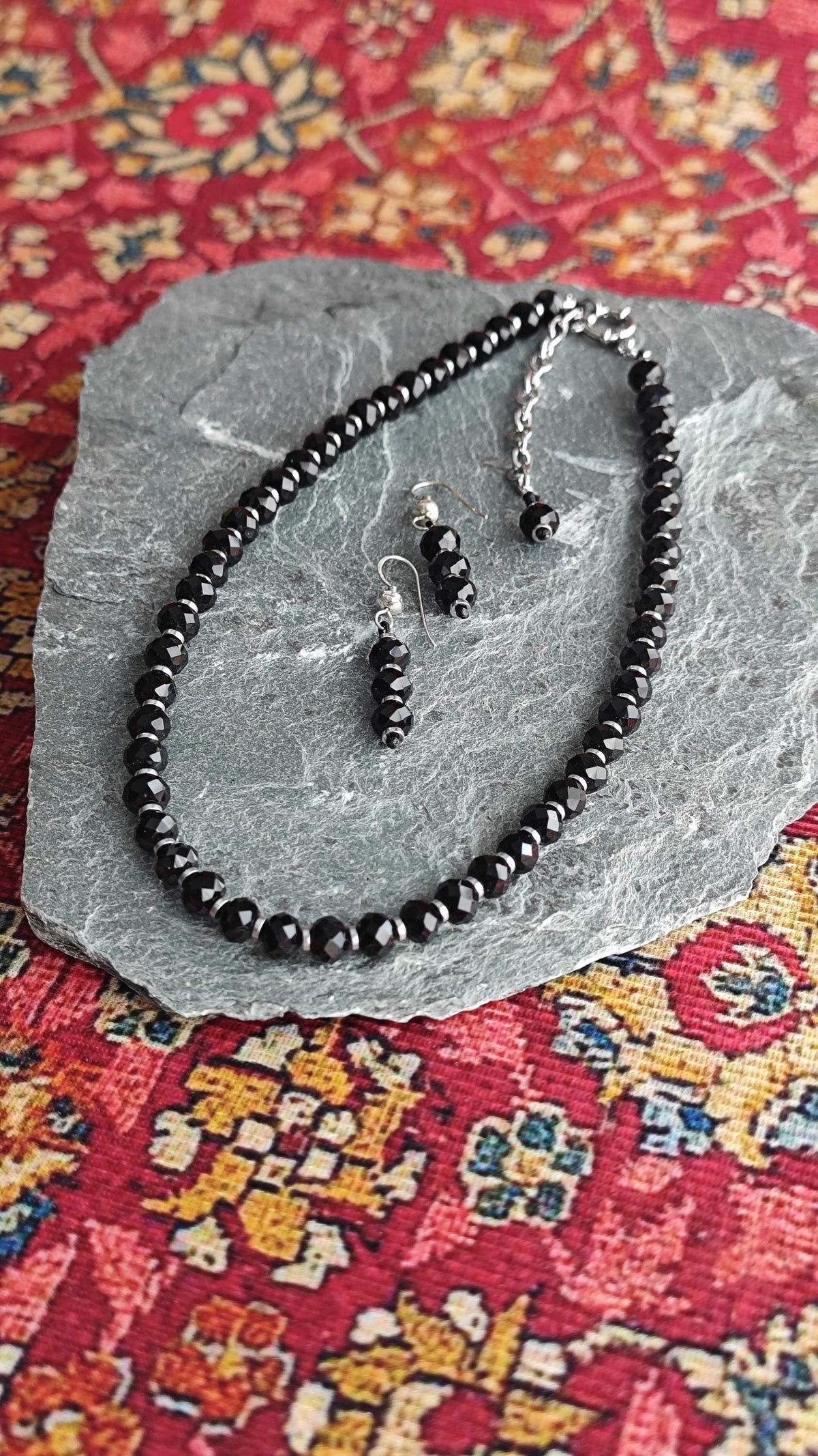 Jet Black Liuli Beaded Necklace Earring Set, Hematite Spacer, 925 Sterling Silver Hook, Gothic Elegant Glass Jewelry Set, 42-50cm